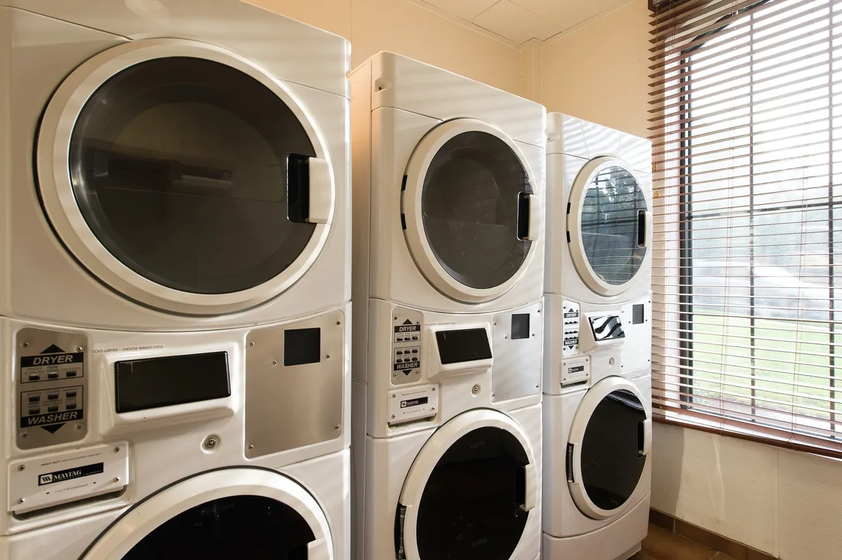 A practical on-site laundry room with several washing machines and dryers, bathed in natural light from a window with blinds. The space appears clean and efficient, offering a calm spot for chore completion even during busy days.